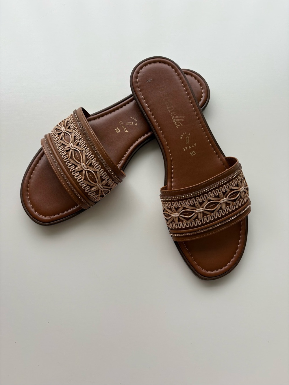 Toscanella Women’s Brown Embroidered Slide Flat Sandals Made in Italy. Sz 10